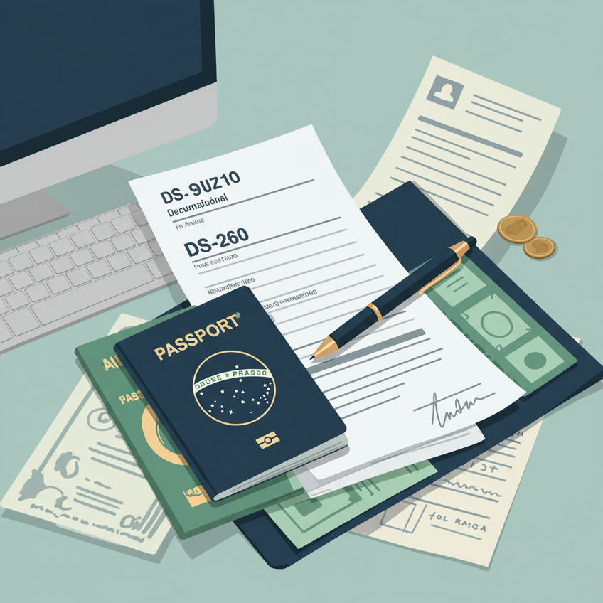 Documentação Essencial para o Processo Consular Ilustração mostrando passaporte brasileiro, formulário DS-260 e documentos civis organizados sobre superfície clara, simbolizando preparação documental internacional