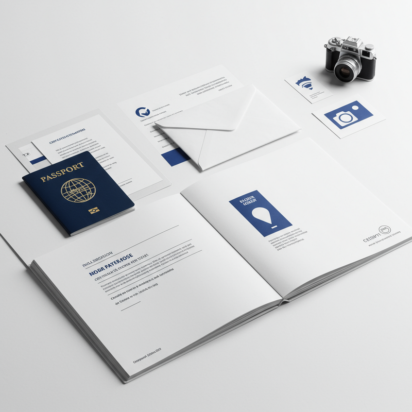 Documentação Fundamental para o Pedido de Asilo Ilustração de uma pasta aberta com ícones de passaporte, folha com carimbo, envelope, câmera e depoimento, representando a documentação fundamental para o pedido de asilo.
