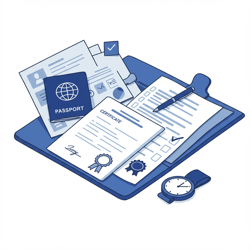 Documentos Essenciais e Gestão de Prazos Cena minimalista mostrando pilha organizada de documentos essenciais (passaporte, extrato bancário, certidões, checklist marcado) ao lado de relógio estilizado, simbolizando gestão de prazos. Fundo branco, detalhes em azul escuro e cinza claro.
