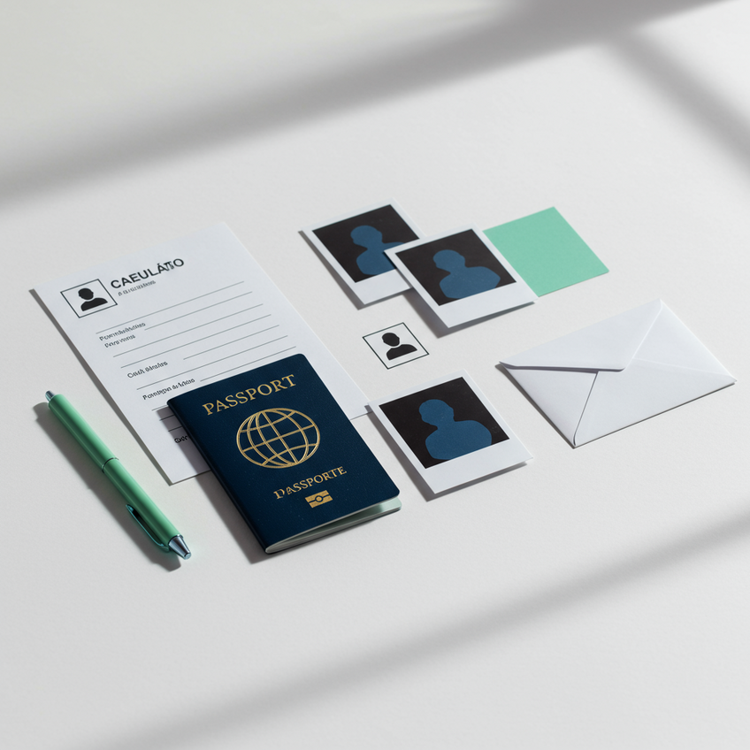 Documentos Essenciais para o OPT Uma composição moderna e clean de ícones minimalistas representando os principais documentos do processo OPT: um formulário, passaporte, fotos de identificação e um envelope estilizado, dispostos de forma organizada sobre um fundo branco com sombras suaves. Cores sóbrias, predominância de azul claro, cinza e verde-água, transmitindo clareza e funcionalidade.