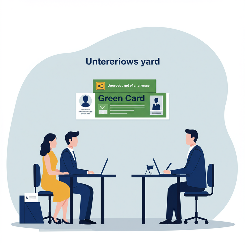 Entrevista Consular para Green Card Cena minimalista de entrevista consular: silhuetas frente a frente em uma mesa, representando casal e oficial consular, com detalhes em azul escuro e verde.