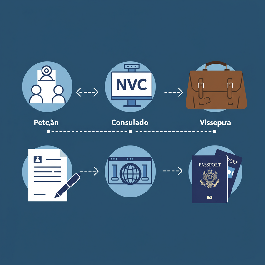 Etapas do Processo Consular para Brasileiros Ilustração moderna mostrando as etapas do processo consular: petição, NVC, consulado e carimbo de visto, conectados em sequência