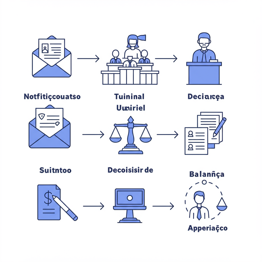 Etapas do Processo de Deportação Uma ilustração elegante e funcional mostrando as principais etapas do processo de deportação como uma linha do tempo abstrata: ícones sequenciais para notificação (envelope), tribunal (martelo de juiz), apresentação de provas (pasta de documentos), decisão (balança) e apelação (seta circular). Todos os ícones são minimalistas, conectados por uma linha sutil em azul e cinza sobre fundo claro, sem textos, transmitindo clareza e organização.