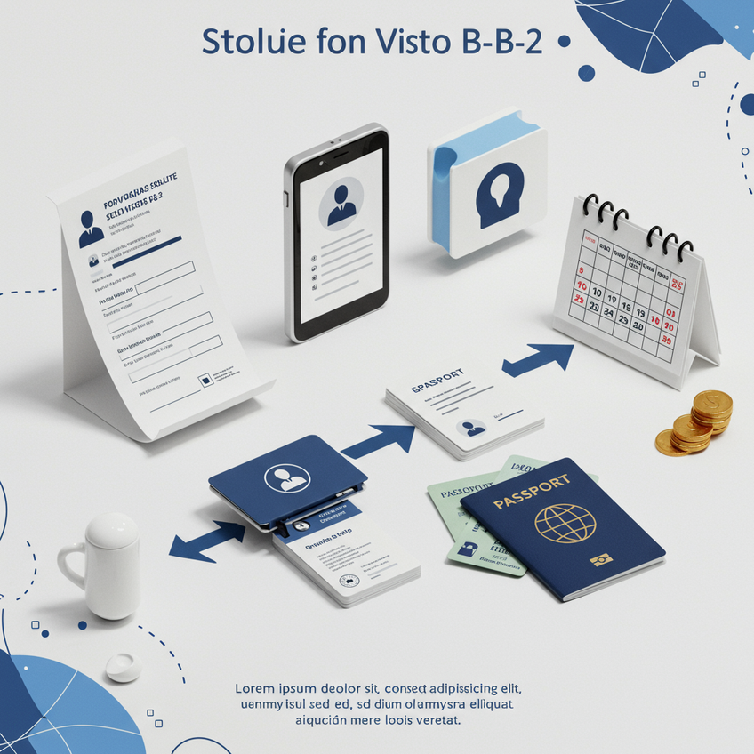 Fluxo Visual da Solicitação do Visto B-2 Fluxo visual minimalista das etapas para solicitar o visto B-2: formulário digital, pagamento online, calendário de agendamento, prédio consular estilizado e passaporte com carimbo, conectados por linhas suaves.