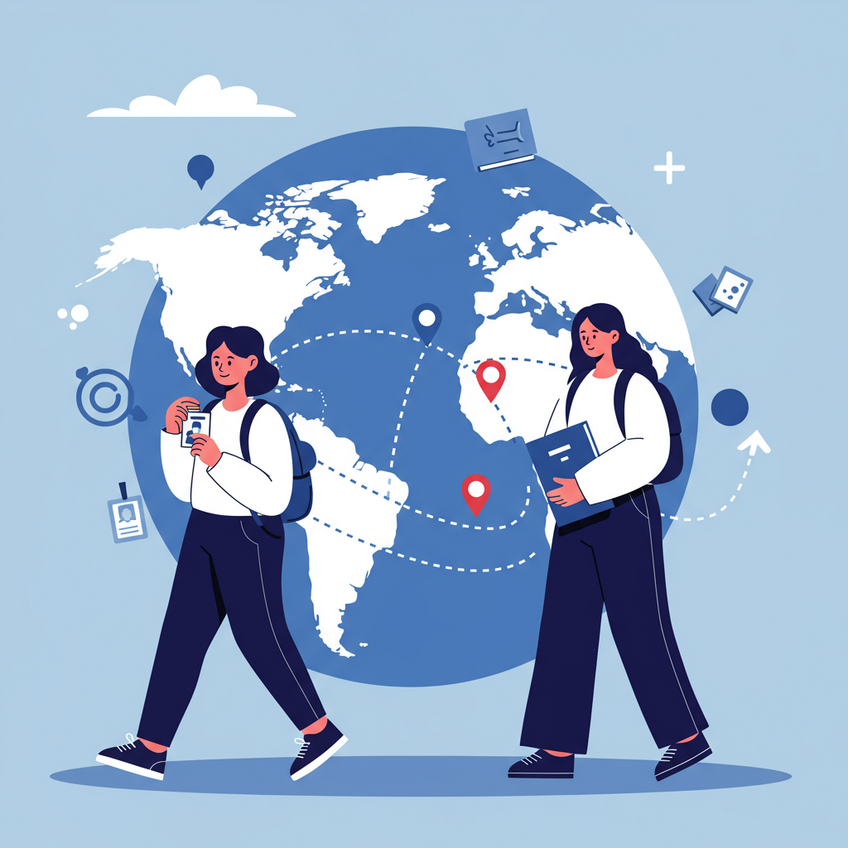 Intercâmbio Cultural com o Visto J-1 Ilustração minimalista de jovem segurando crachá e mala ao lado de um globo estilizado, com setas conectando Brasil e EUA, chapéu de formatura e livro aberto, representando intercâmbio cultural com o visto J-1.