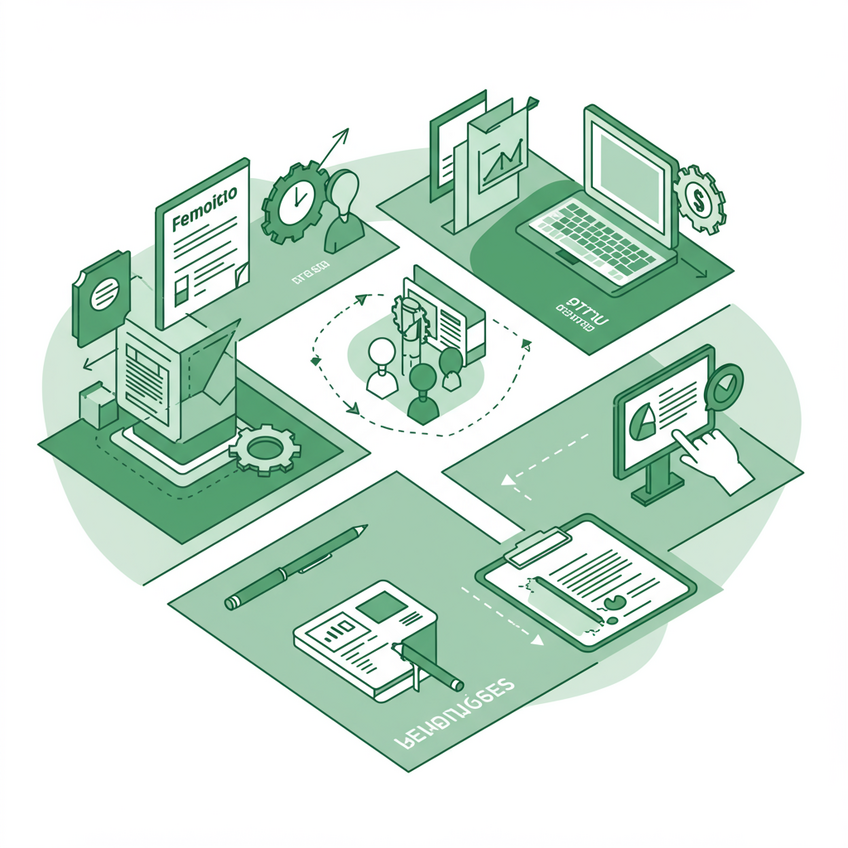 Linha do Tempo da Remoção de Condições Linha do tempo minimalista representando o processo de remoção de condições: três etapas principais simbolizadas por ícones de formulário, documentos e impressão digital, com design limpo em tons de verde e cinza.