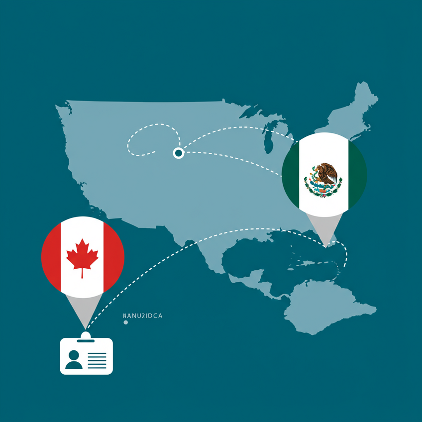 Mobilidade Profissional com o Visto TN Ilustração minimalista de dois crachás de identificação, um com a bandeira do Canadá e outro do México, sobrepostos a um mapa estilizado dos EUA, conectados por linhas sutis, simbolizando mobilidade profissional com o visto TN.