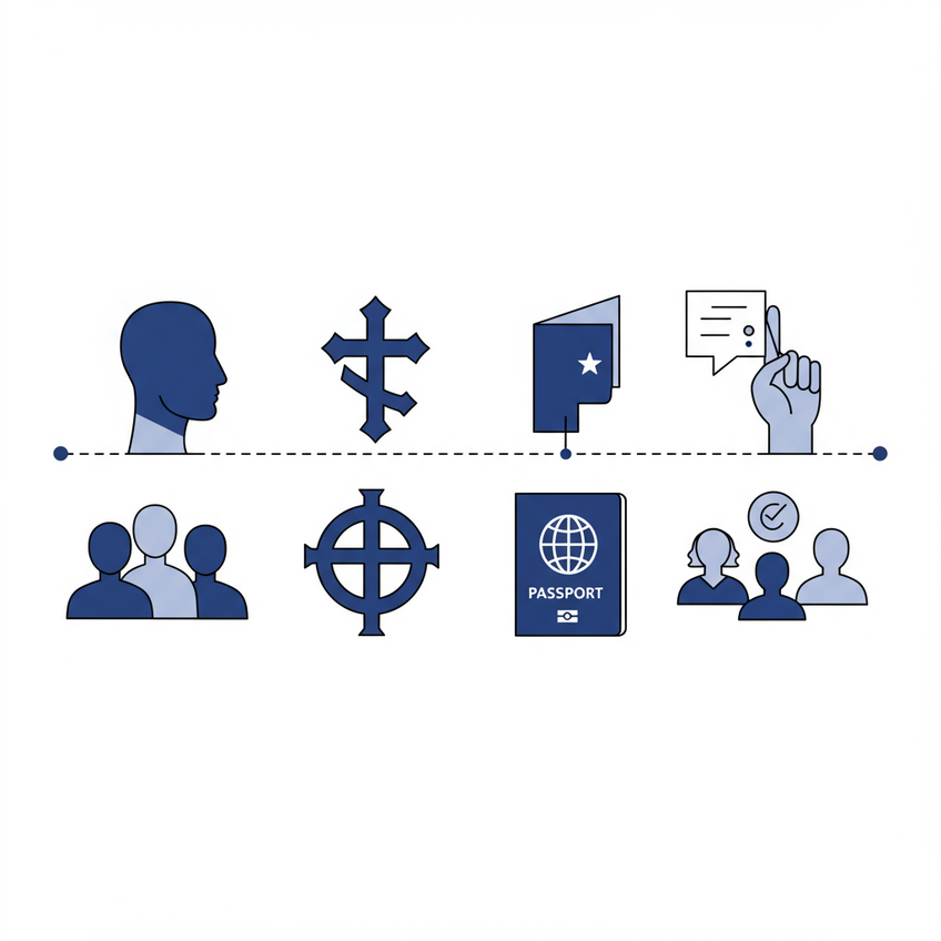 Motivos Protegidos para Solicitar Asilo Ilustração com cinco ícones minimalistas representando motivos protegidos para solicitar asilo: perfil humano (raça), símbolo de fé (religião), passaporte (nacionalidade), grupo de pessoas (grupo social específico) e mão levantada com balão de fala (opinião política).