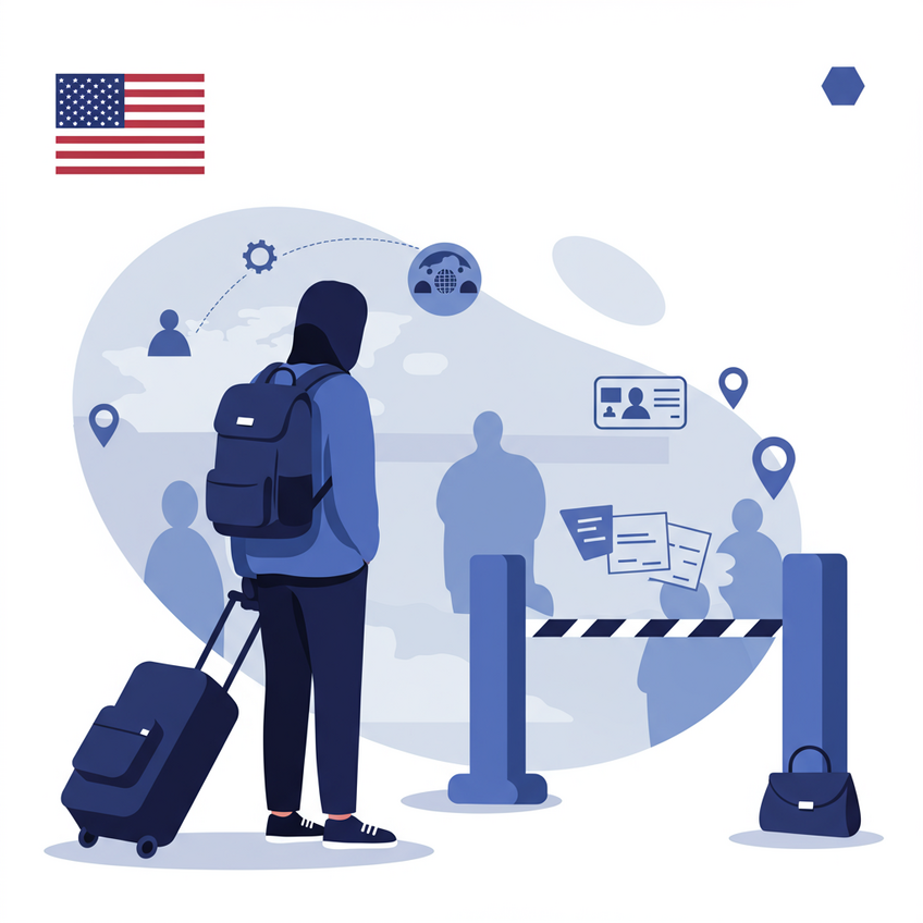 O Desafio da Deportação para Brasileiros Uma ilustração moderna e limpa representando um imigrante brasileiro em frente a uma fronteira simbólica dos EUA, com elementos minimalistas como silhuetas humanas, uma linha divisória estilizada e ícones sutis de documentos e malas. O fundo é claro, com tons neutros e detalhes em azul e cinza, transmitindo uma sensação de alerta, mas também de esperança. O layout é funcional e elegante, sem textos, focando em símbolos de fronteira, documentos e barreiras.