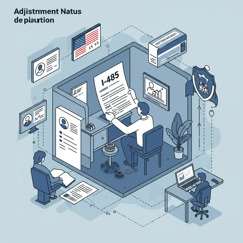 O Processo de Adjustment of Status nos EUA Ilustração moderna simbolizando adjustment of status: personagem em casa nos EUA com formulário I-485, ícones de biometria, autorização de trabalho e entrevista