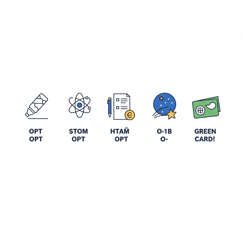 Opções de Visto: Caminhos Após o OPT Composição clean e elegante de ícones minimalistas representando diferentes tipos de visto: OPT, STEM OPT, H-1B, O-1 e Green Card. Cada ícone é distinto (ex: crachá, átomo, maleta, estrela, cartão verde) e disposto em linha horizontal sobre fundo branco, transmitindo comparação visual clara. Paleta funcional, azul, cinza e verde-água.