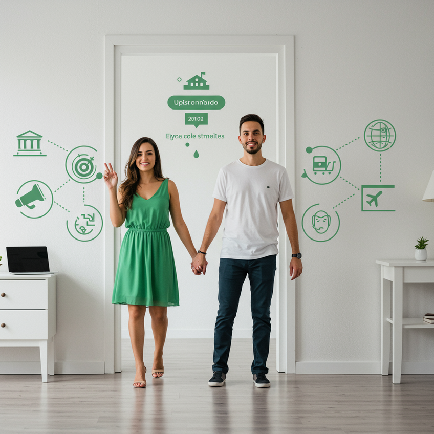 Oportunidades e Direitos com o Green Card Cena minimalista mostrando um casal estilizado de mãos dadas diante de uma porta aberta simbolizando oportunidades, com ícones de estudo, trabalho e viagem ao fundo. Layout limpo em branco, verde e cinza.