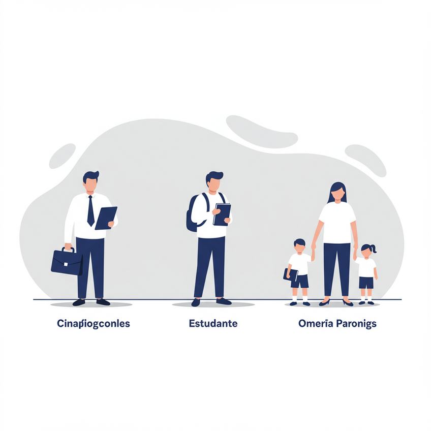 Perfis de Imigrantes e Seus Custos Iniciais Ilustração de três perfis de imigrantes brasileiros: profissional solo com mala executiva, estudante com mochila e livro, e família com criança segurando uma mala. Ícones minimalistas alinhados lado a lado, fundo branco elegante, sombras suaves em tons neutros, transmitindo organização e diversidade de perfis.