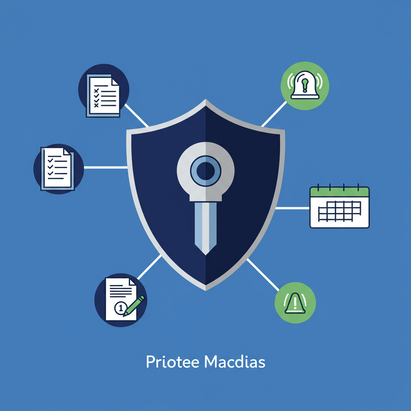 Proteção Contra Fraudes e Riscos no Processo de Green Card Ilustração de um escudo estilizado com cadeado no centro, cercado por ícones de documentos, calendário e sinal de alerta, transmitindo proteção contra fraudes e atenção aos prazos.