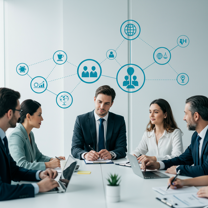 Retenção de Talentos Internacionais: Colaboração e Estratégia Uma cena moderna e minimalista de uma equipe corporativa diversa em torno de uma mesa, com um destaque sutil para um profissional internacional, todos conectados por linhas suaves e ícones de engrenagem, símbolo de RH e suporte jurídico. Fundo branco, detalhes em azul e verde-água, atmosfera de colaboração e estratégia.