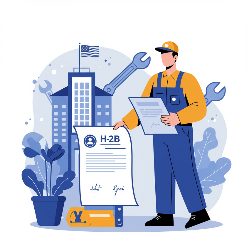 Trabalho Temporário com o Visto H-2B Cena minimalista de trabalhador com uniforme e capacete ao lado de hotel estilizado e ferramentas abstratas, segurando documento simbólico, representando trabalho temporário com o visto H-2B nos EUA.