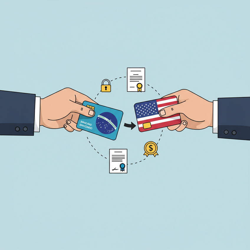 Transferência Segura de Recursos Entre Países Ilustração minimalista de duas mãos: uma segurando cartão bancário brasileiro e outra cartão americano, conectadas por uma linha fluida representando transferência legal de dinheiro. Ícones de cadeado e certificado simbolizam segurança e legalidade. Fundo limpo em azul e cinza.