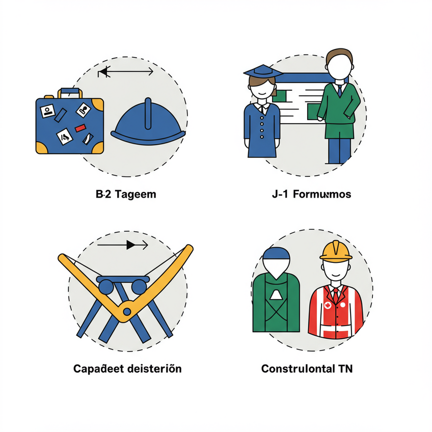 Ícones dos Principais Vistos Temporários Ícones minimalistas representando os vistos B-2, J-1, H-2B e TN, cada um com símbolo próprio: mala de viagem, chapéu de formatura, capacete de construção e crachá profissional com bandeiras do Canadá e México.