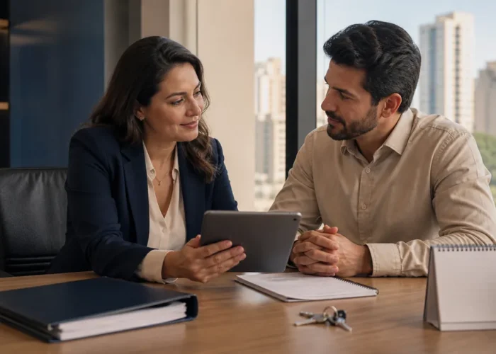 Advogada e cliente conversam sobre atualização de ação de despejo