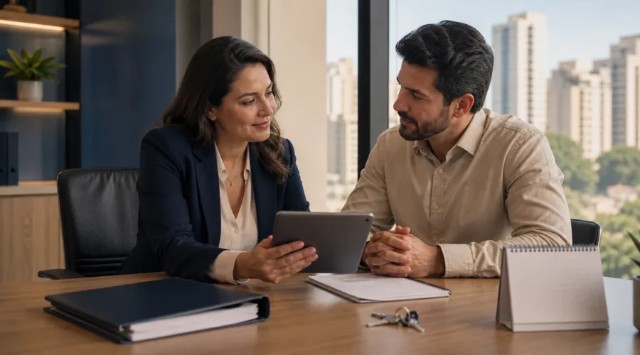 Advogada e cliente conversam sobre atualização de ação de despejo