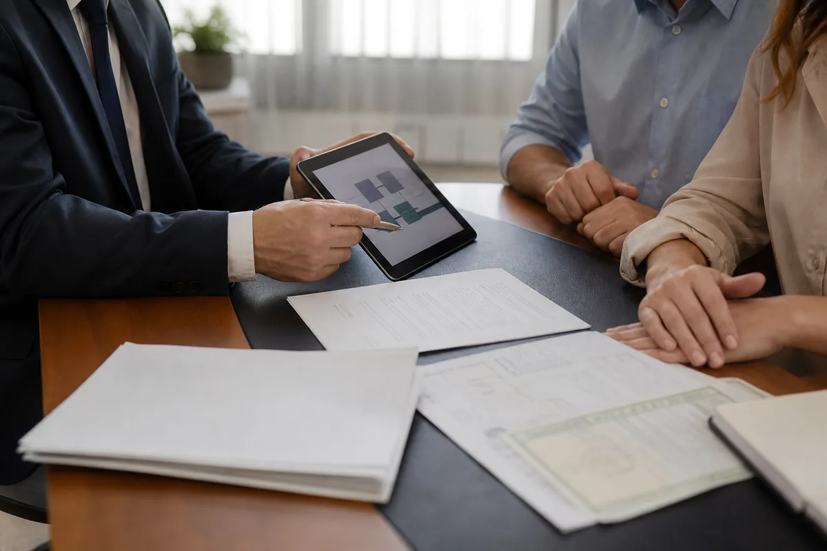 Advogado sucessório explicando etapas de inventário em consulta familiar