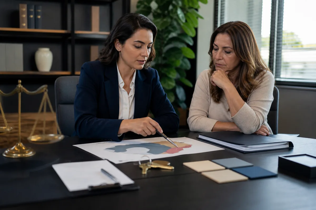 Advogada e proprietária analisam mapa visual de riscos em caso de despejo