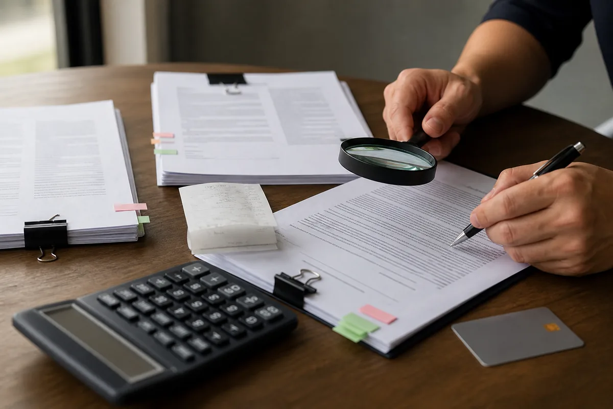 Documentos e calculadora usados para avaliar devolução de sinal em contrato