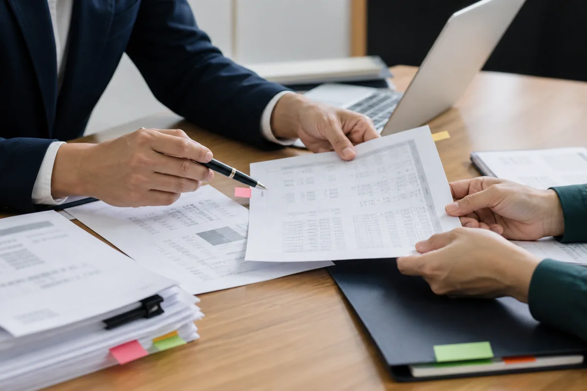 Advogada analisando documentos financeiros para comprovar renda em acao de alimentos
