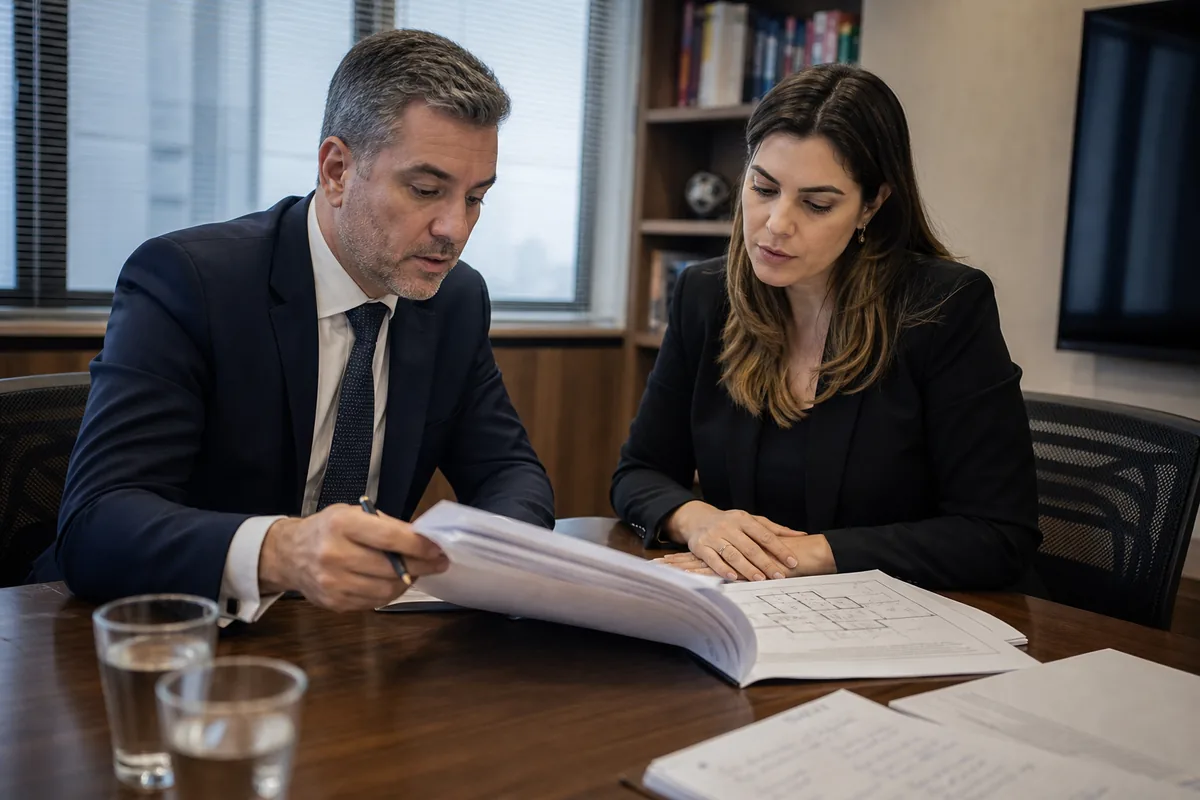 Advogados analisando edital e documentos de leilão de imóvel