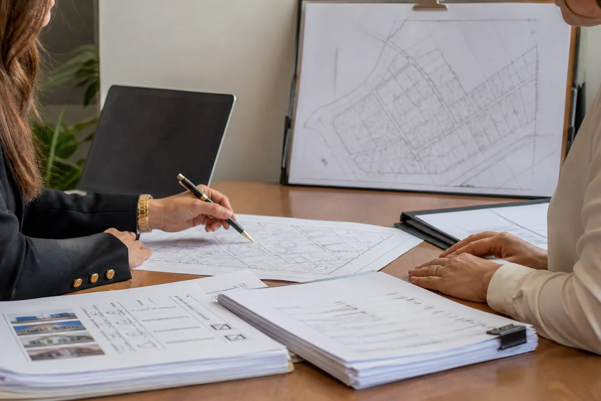 Advogada e cliente analisam planta cadastral e documentos de um imóvel
