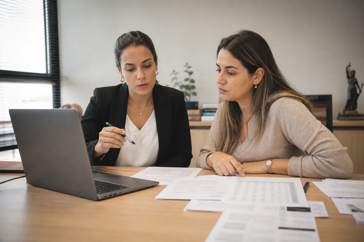 Advogada avalia documentos de uma causa trabalhista com cliente