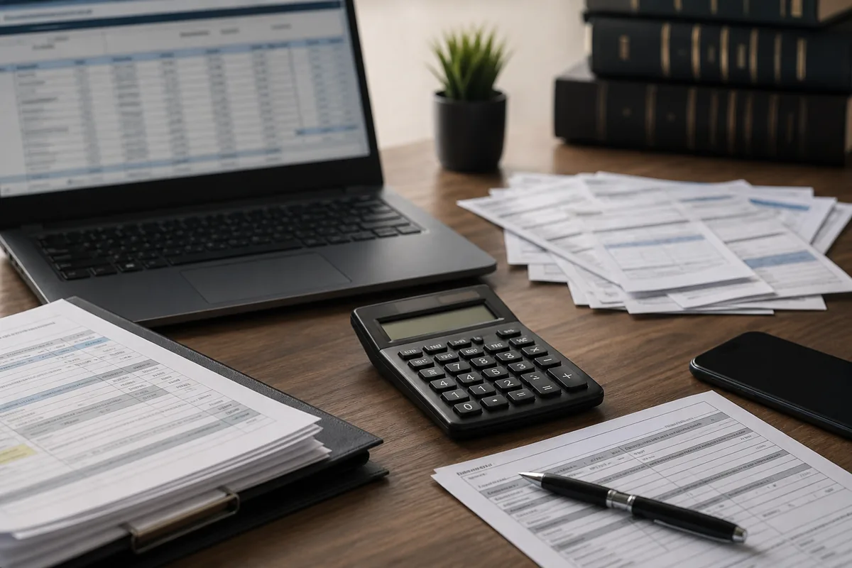 Mesa com documentos financeiros, calculadora e registros usados para avaliar falência de MEI