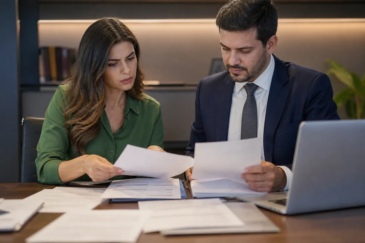 Advogado e cliente analisam documentos do bloqueio judicial