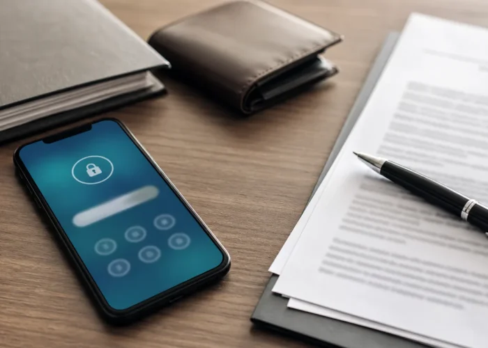 Celular com tela bloqueada e documentos jurídicos sobre bloqueio judicial no Caixa Tem