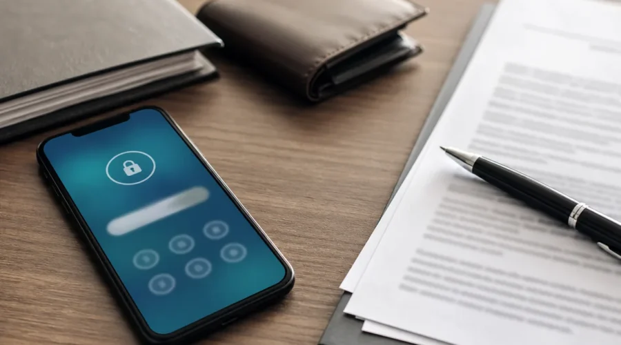 Celular com tela bloqueada e documentos jurídicos sobre bloqueio judicial no Caixa Tem
