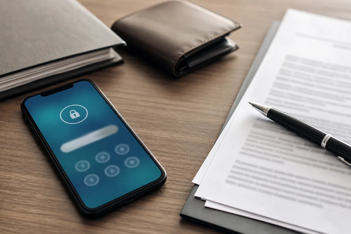 Celular com tela bloqueada e documentos jurídicos sobre conta digital