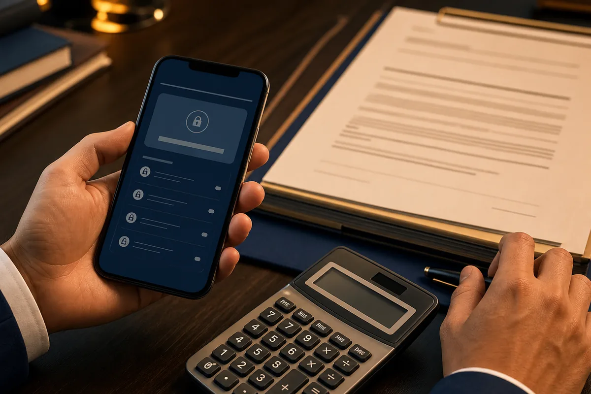Celular com bloqueio bancário ao lado de ordem judicial e calculadora