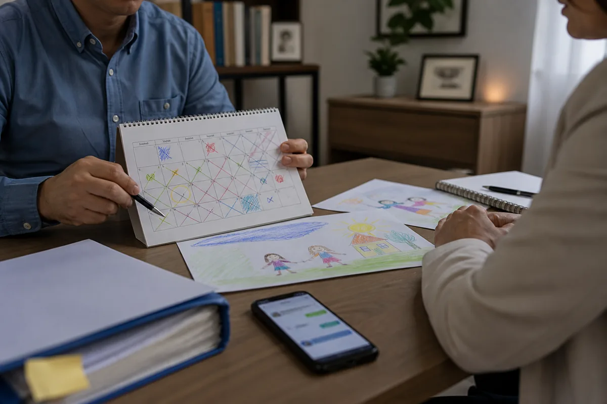 Adulto organizando calendário e registros para BO de alienação parental