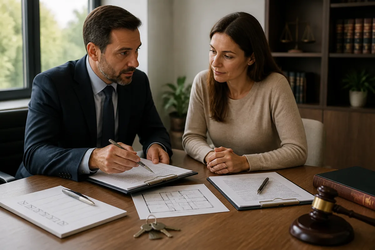 Advogado orienta cliente sobre decisão, planta, checklist e chaves