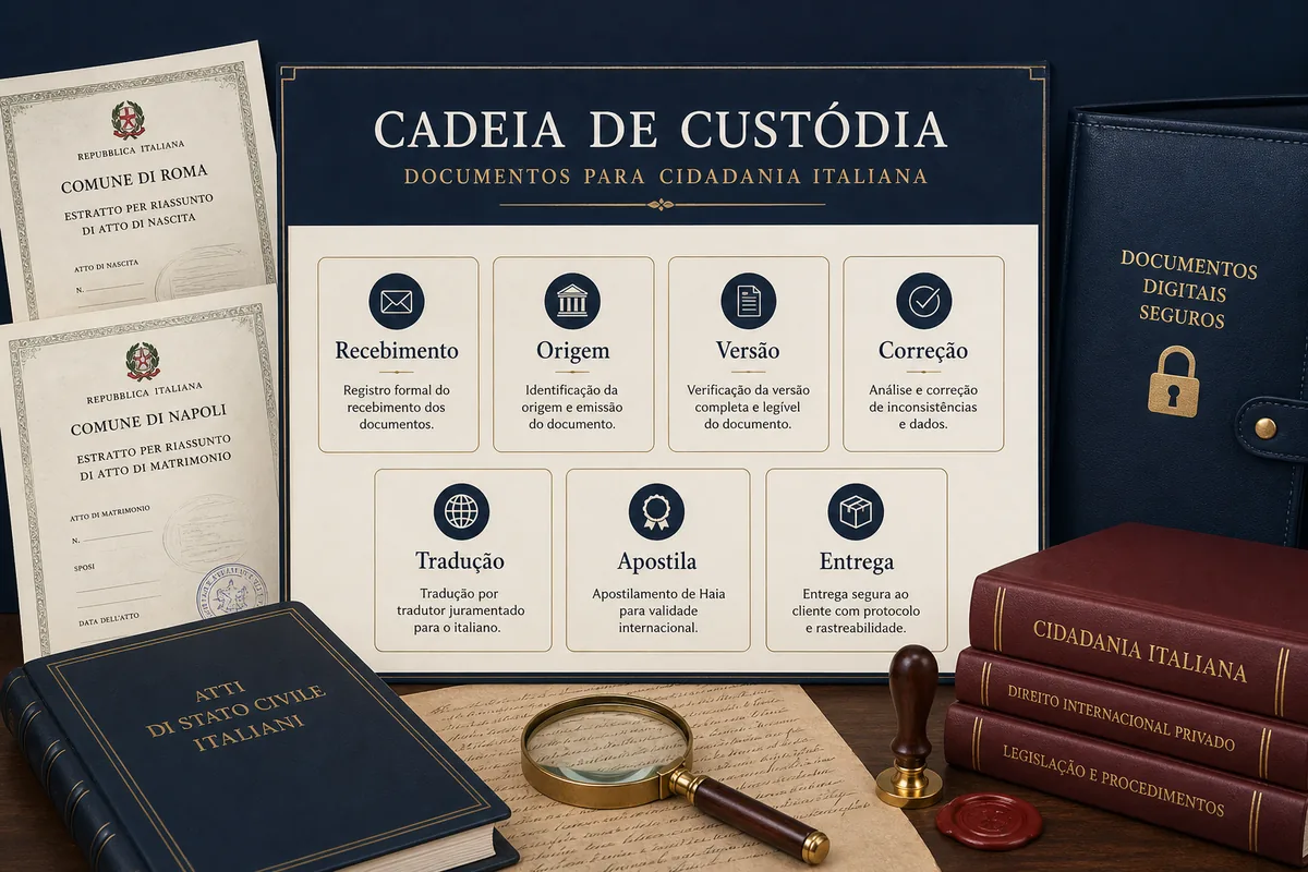 Cadeia de custódia com recebimento, origem, versão, correção, tradução, apostila e entrega