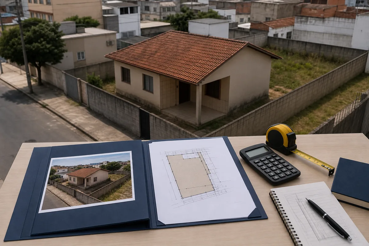 Imóvel, planta e calculadora para definir o valor da causa