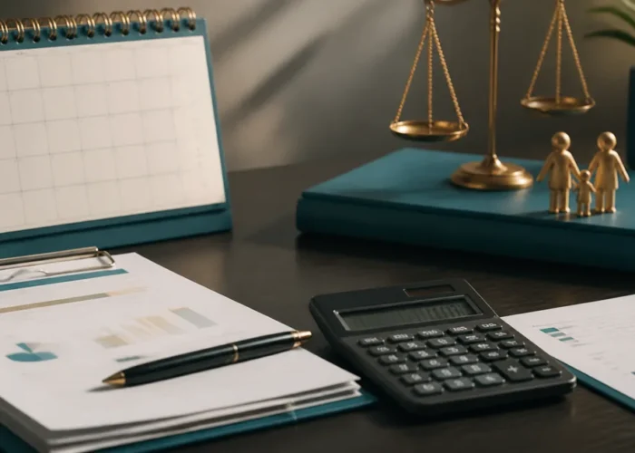 Calendário, calculadora e documentos para cálculo de pensão alimentícia