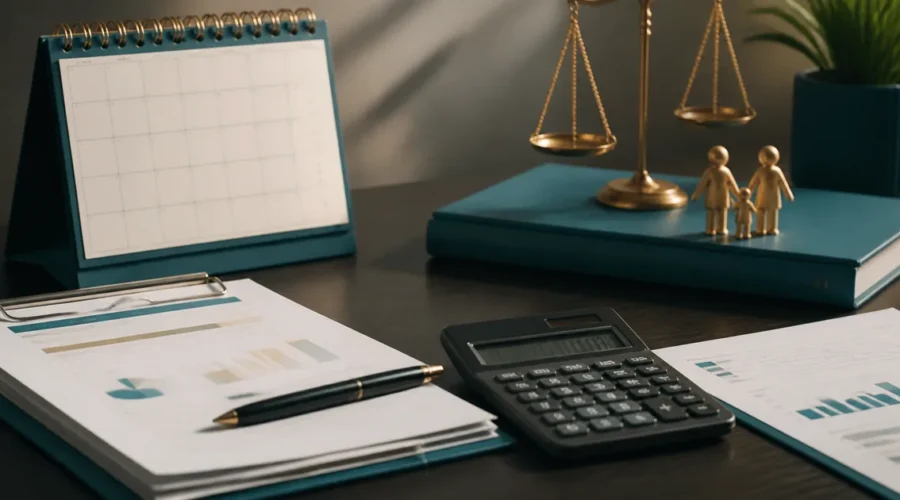Calendário, calculadora e documentos para cálculo de pensão alimentícia
