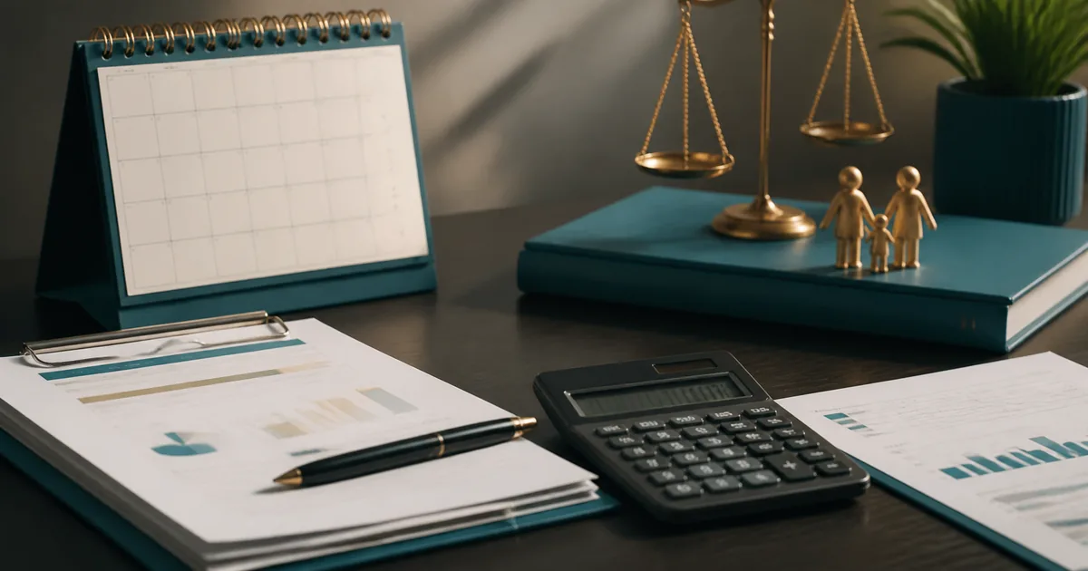 Calendário, calculadora e documentos para cálculo de pensão alimentícia