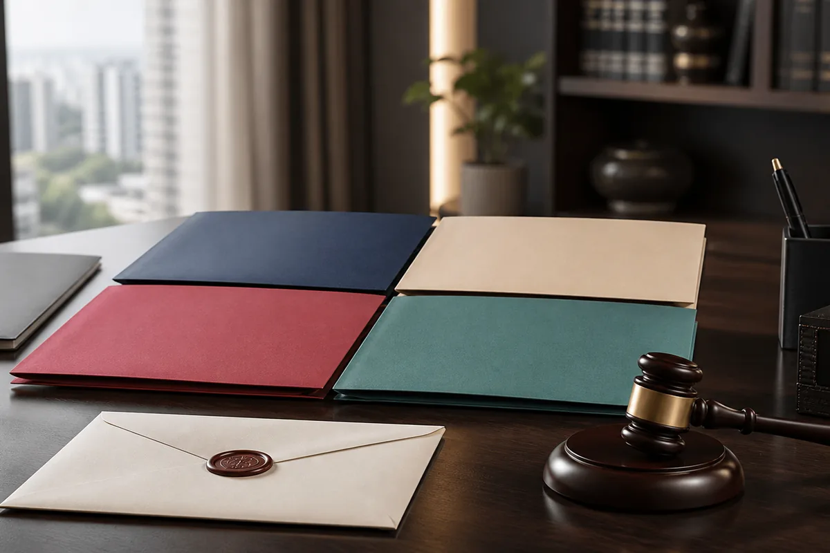 Pastas coloridas, envelope e martelo representando canais de denúncia