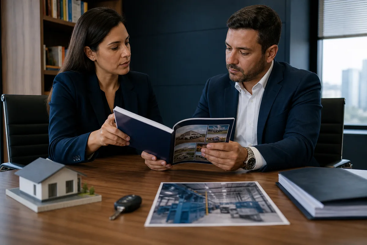 Advogada e cliente analisam catálogo de imóvel, veículo e máquina em leilão