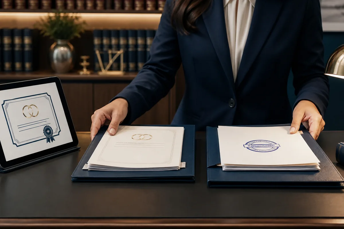 Duas pastas representam emissão de certidão e protocolo de averbação de divórcio