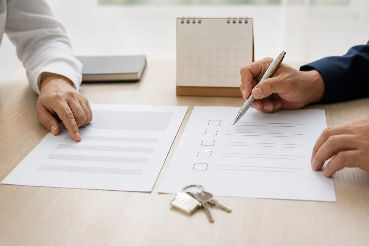 Mãos revisam checklist de escopo e condições para contratar advogado imobiliário
