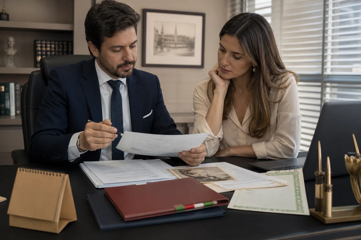 Advogado e cliente auditam documentos para cidadania italiana