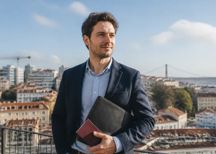 Profissional com passaporte italiano diante da paisagem de Lisboa